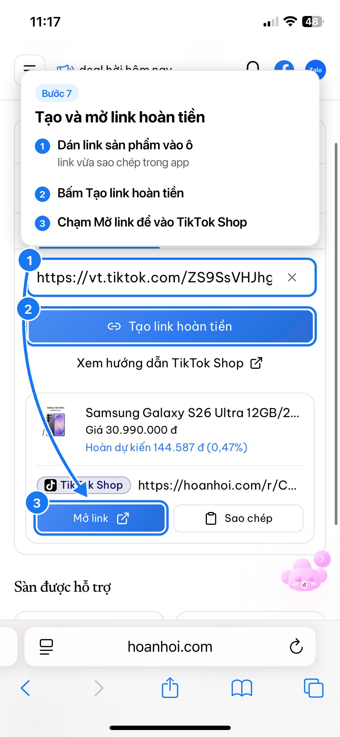Bước 07: Tạo và mở link hoàn tiền