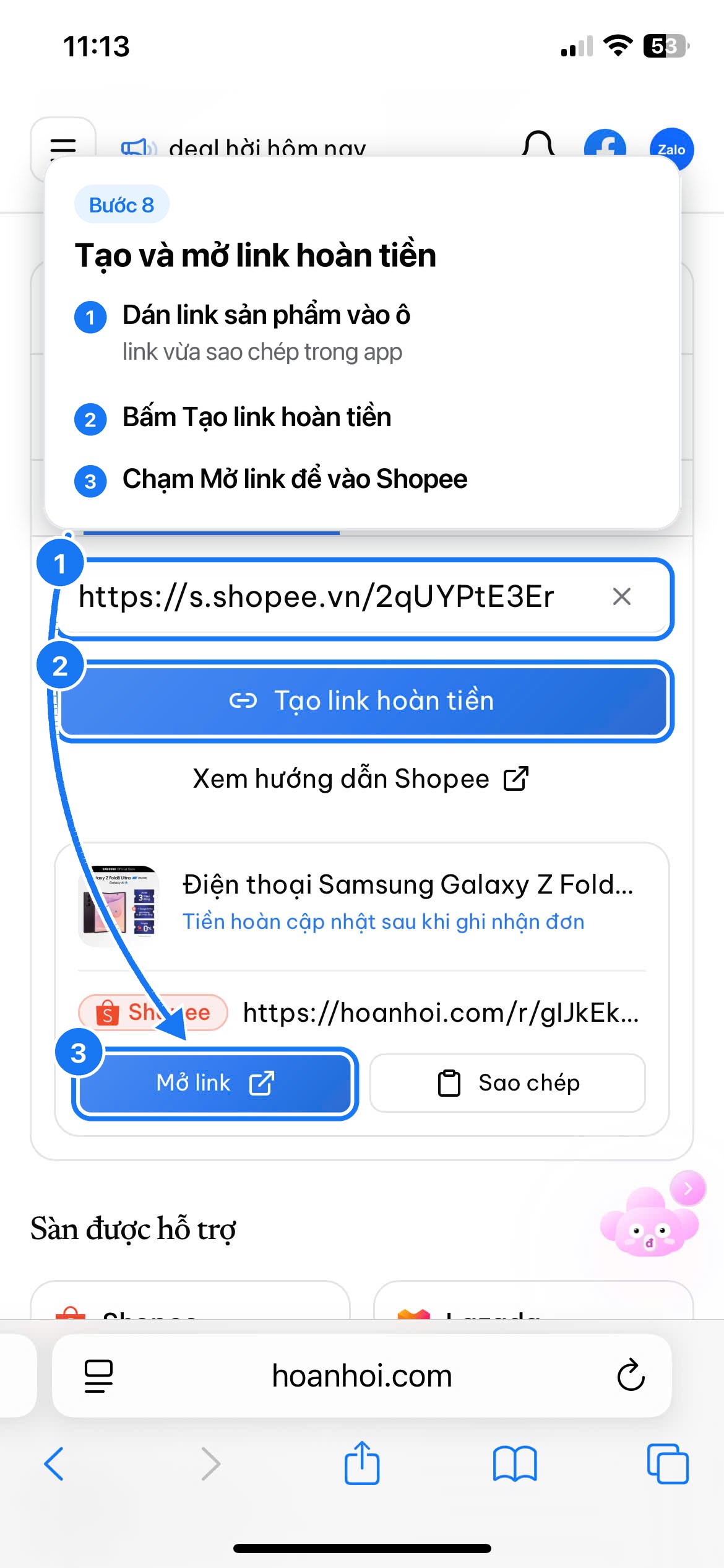 Bước 08: Tạo và mở link hoàn tiền