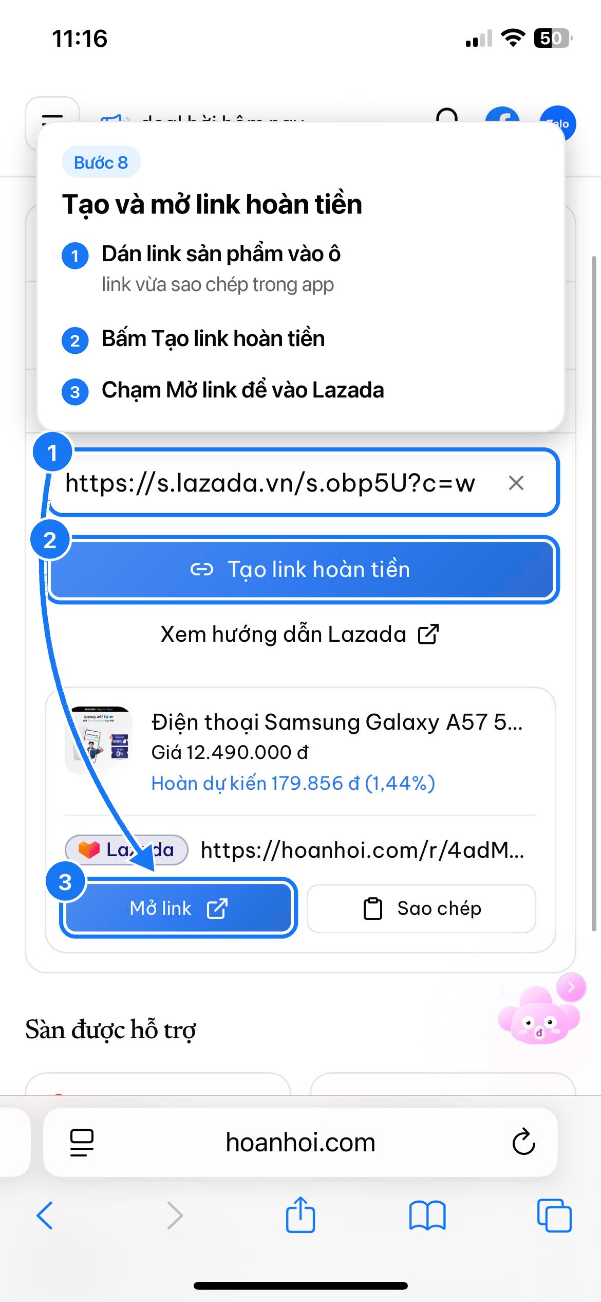 Bước 08: Tạo và mở link hoàn tiền
