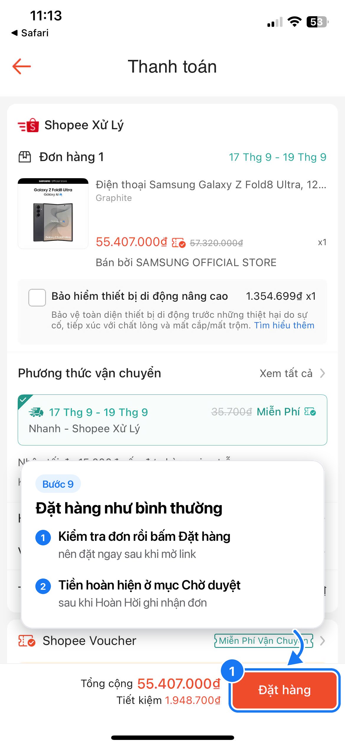 Bước 09: Đặt hàng như bình thường